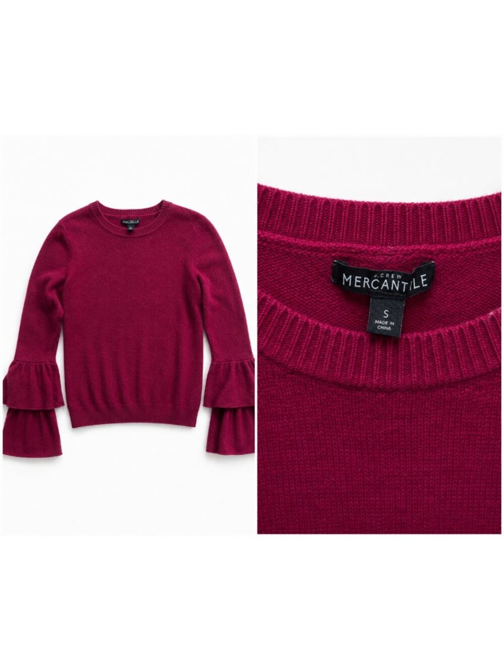 J.Crew Mercantile Burgundy Tiered Ruffle Bell Sleeve Sweater Small Cotton
